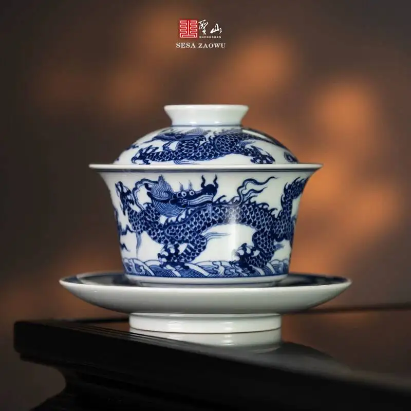 Sacred Mountain Antique-Style Blue And White Five Dragons Riding The Waves Three-Piece Jingdezhen Handmade Ceramic Set, Cup, Tea