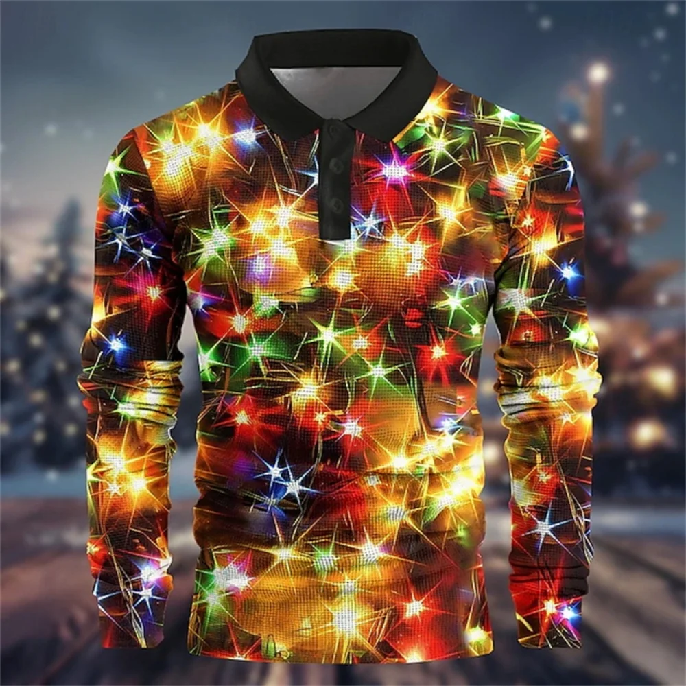 جديد ثلاثية الأبعاد طباعة الرجال عيد الميلاد ضوء الجرافيك قمصان بولو كم طويل حفلة سنوات جديدة قمصان بولو رجالي زر طوق تيز القمم #6