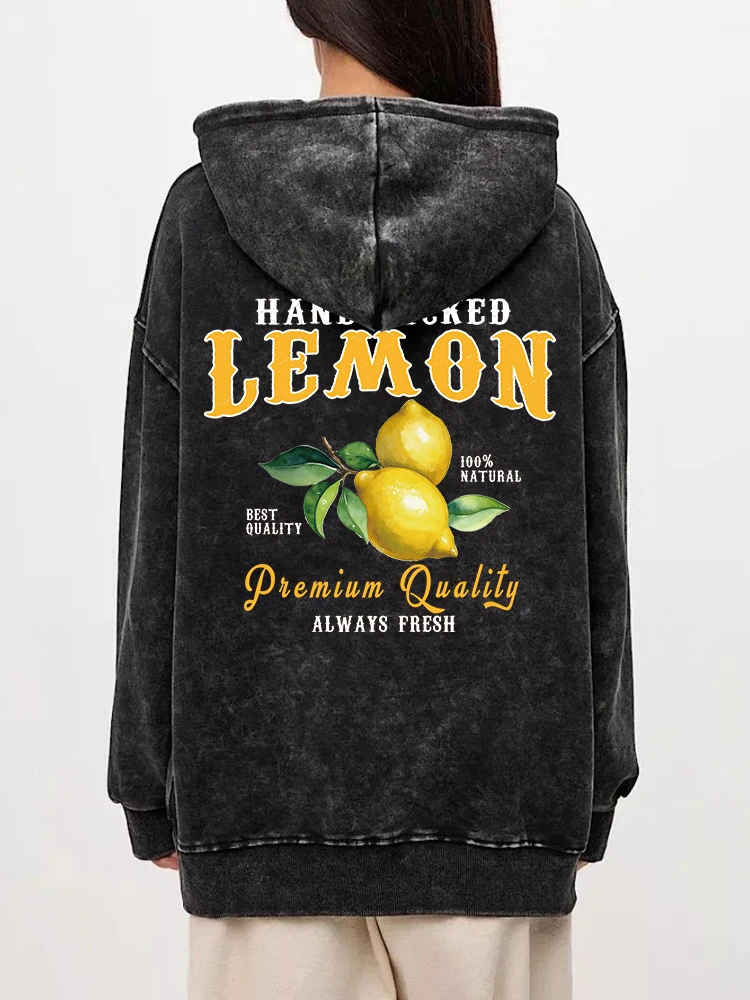 Autumn Womens Washed Hoodies Hand Picked Lemon Always Fresh Prints Streetwears Warm Oversize Cotton Hooded Casual Female Clothes