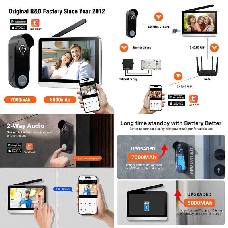 Smart Waterproof Wireless Wifi Video Doorbell Smart Video Door Phone with Touch Screen System Color Camera Duplex