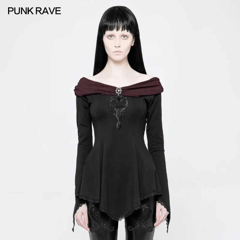 PUNK RAVE Women Gothic Black Burgundy Off Shoulder Long Sleeve Top Lace Brooch WT520 Slim Flared Asymmetric Hem Dark Punk Blouse