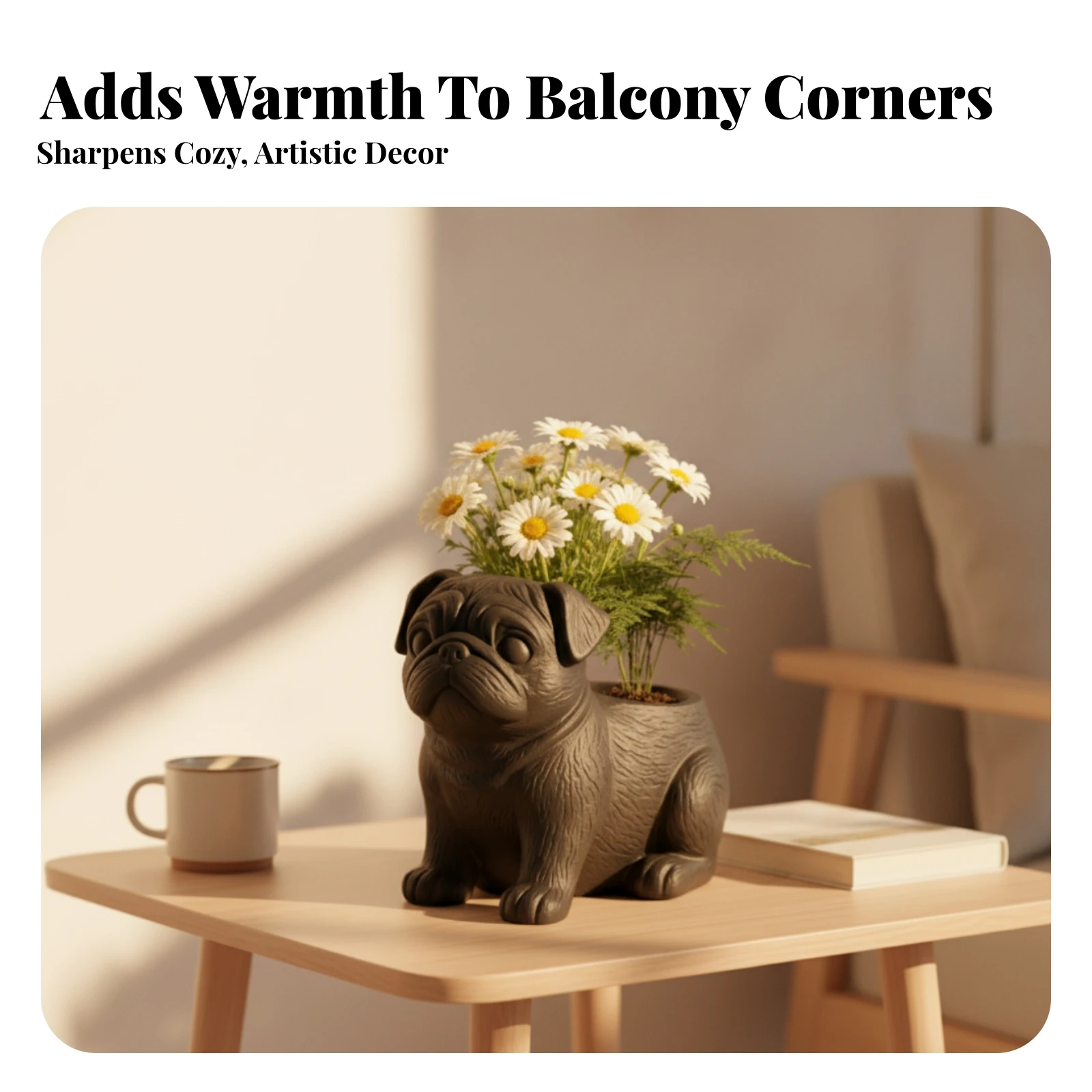 Black Pug Planter Indoor Pug Planter Home Decor Succulent Compact