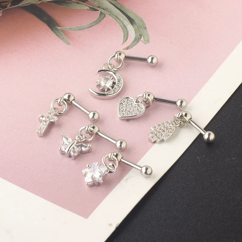 1PCS Moon Ear Cartilage Stud Earring Barbell Cz Star Tragus Piercing Stud Earring Helix Jewelry Daith Earring Rook Conch Stud