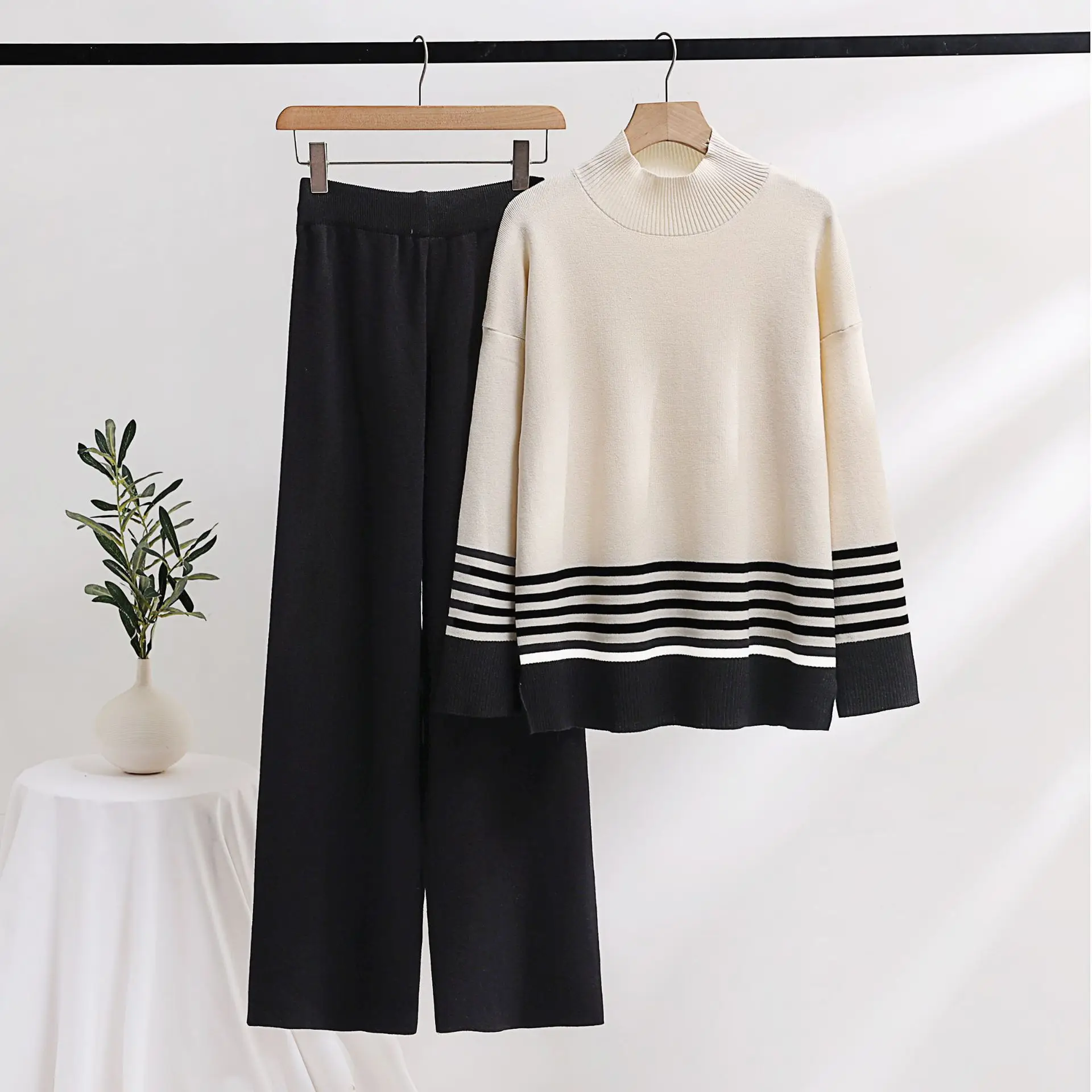 

Autumn Winter Knitted Wide Leg Sweater Pants Set Fashion Elastic Contrast Color Casual Loose 2 Piece Set for Women Outfits