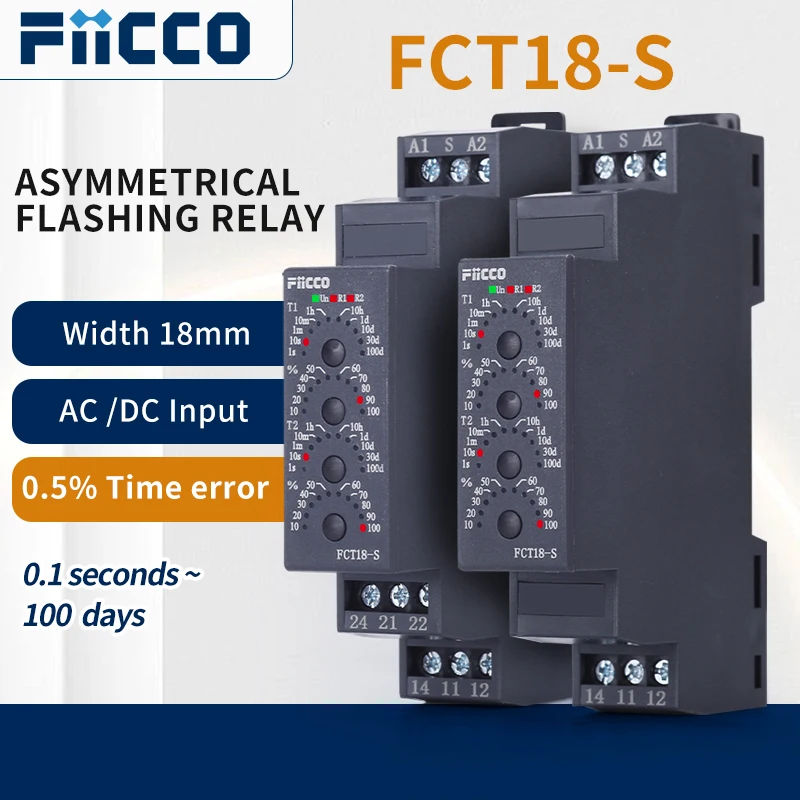 

Fiicco FCT18-S 18mm Din Rail ACDC 12V 24V 48V 110V 220V Asymmetrical Flahsing Timer Relay for HVAC, Control Panel, Pump Control