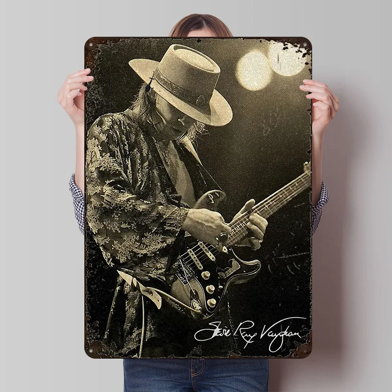 Stevie Ray Vaughan Playing Guitar Printed Poster Customized Retro Wall Art Vintage Metal Tin Signs for Home Decor Living Room