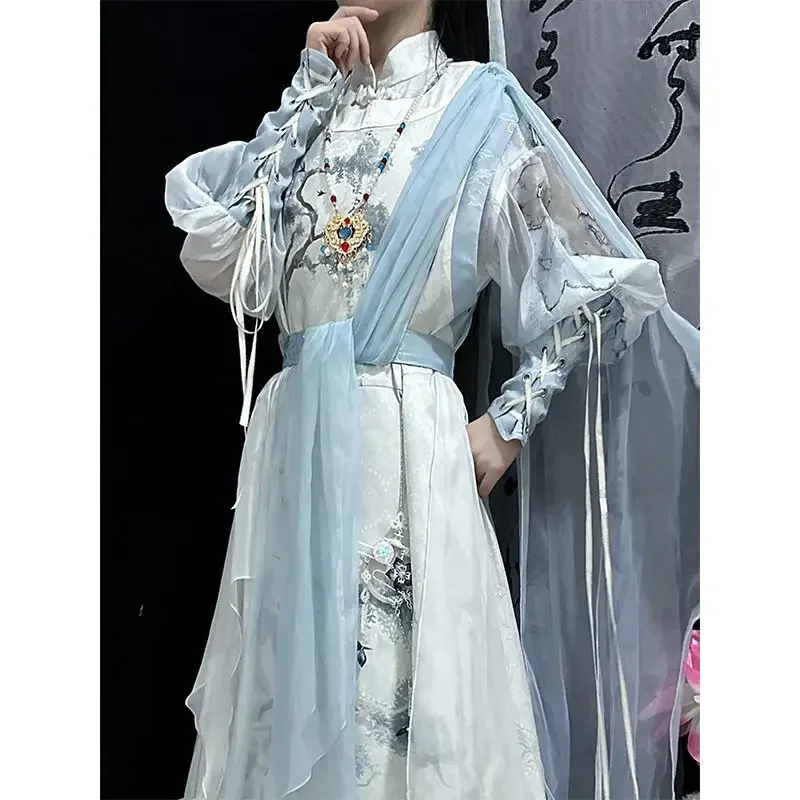 2025 Youth White Horse Drunken Spring Breeze Hanfu Fengjiu Shirt Improved Han Elements Round Neck Robe Summer Men's and Women's