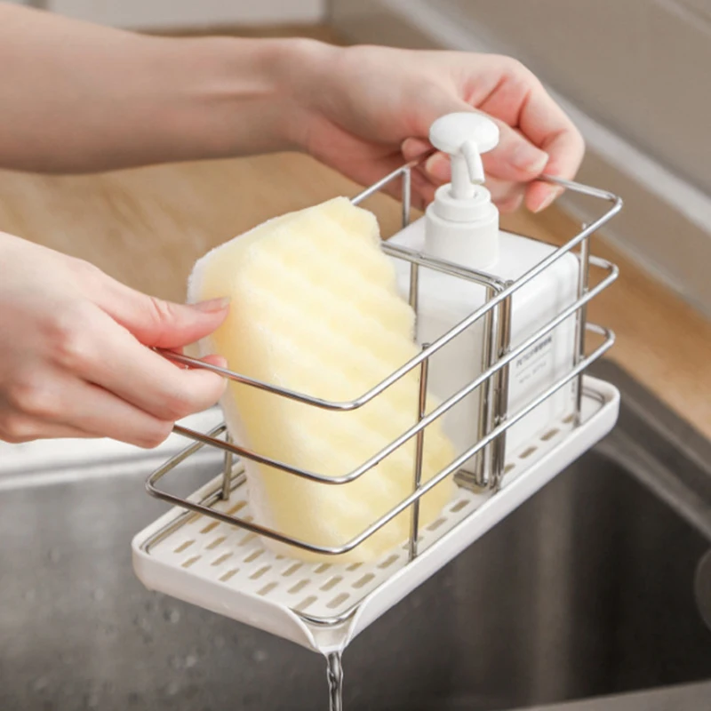 

Kitchen Countertop Wall-mounted Stainless Steel Rack Dual Sink Sponge Wipe Drain Basket Separate Chopsticks Spoon Storage