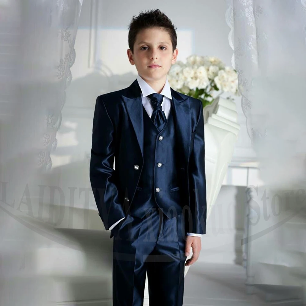 Boys Navy Blue Satin Suit 3 Piece Formal Wedding Pageant Party Prom Outfit Shiny Slim Fit Design Comfortable Fit Kids Suits
