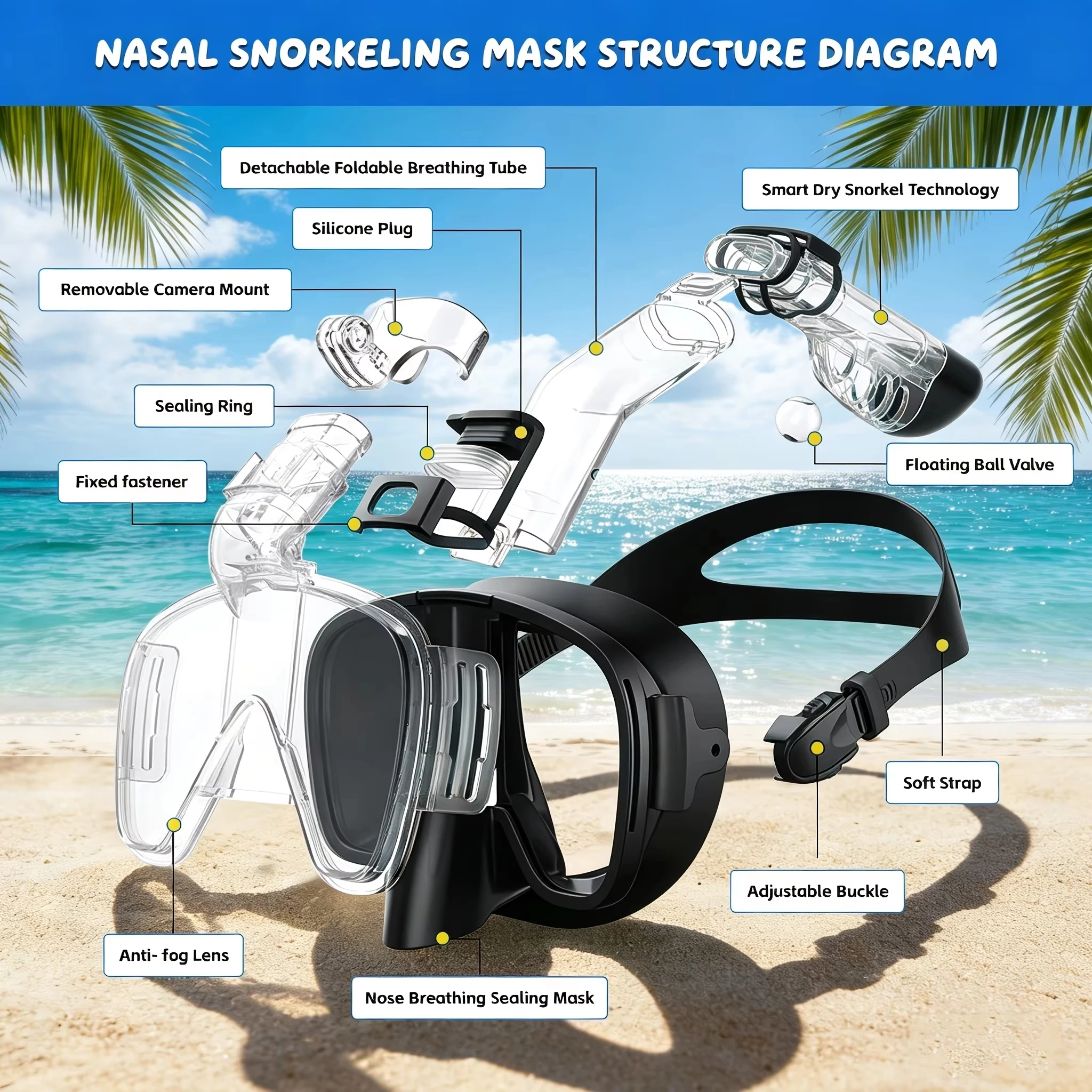 Diving Masks Foldable Anti-Fog Snorkel Mask Set with Full Dry Top System for Free Swim Professional Snorkeling Gear Adults Kids