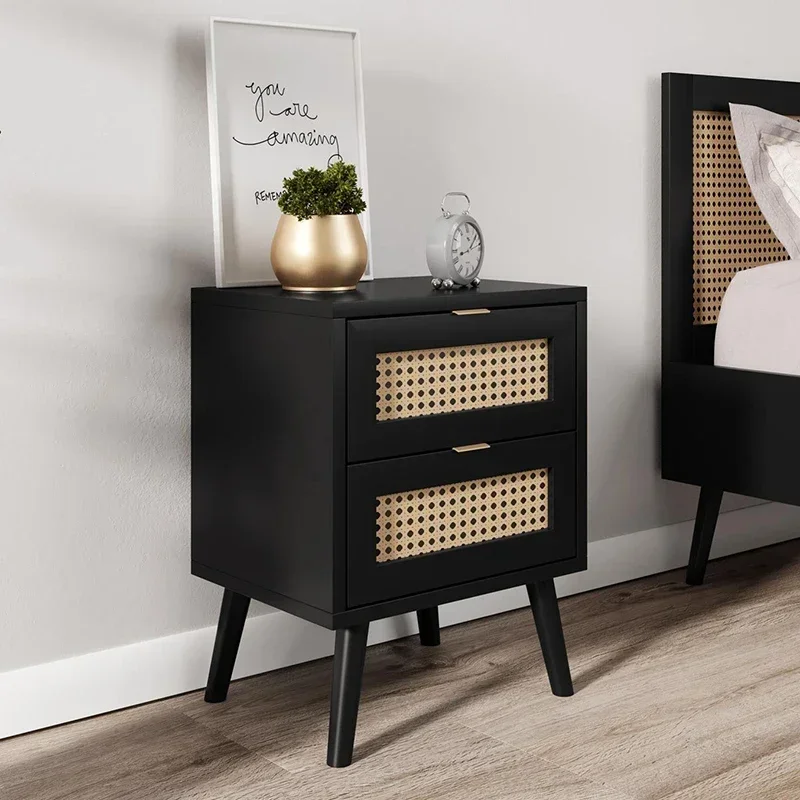 -Modern Farmhouse Nightstand with 2 Drawers Wood Rattan Bedroom Furniture for Home Living Room Entry Bedroom Storage Solution