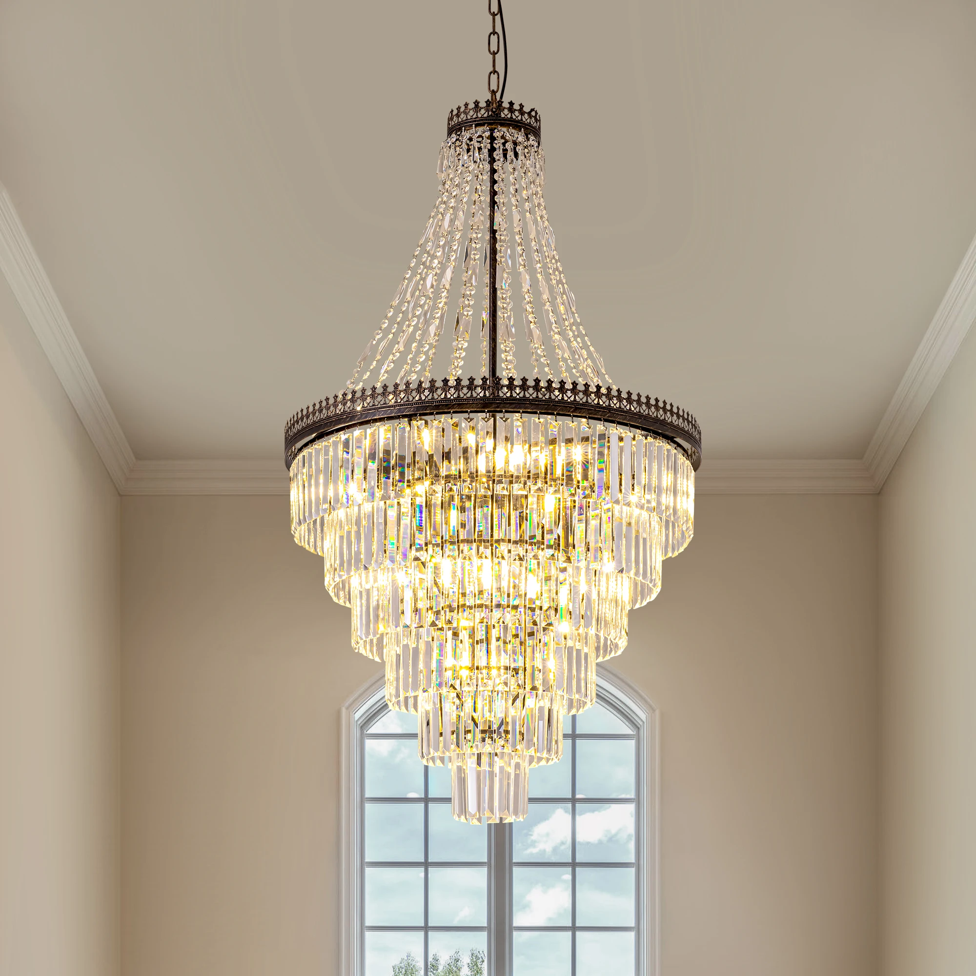 دوبلكس بناء كريستال ثريا كبيرة فيلا غرفة المعيشة ضوء فاخر طويل كريستال دوامة الدرج ثريا تركب بالسقف بريق #1