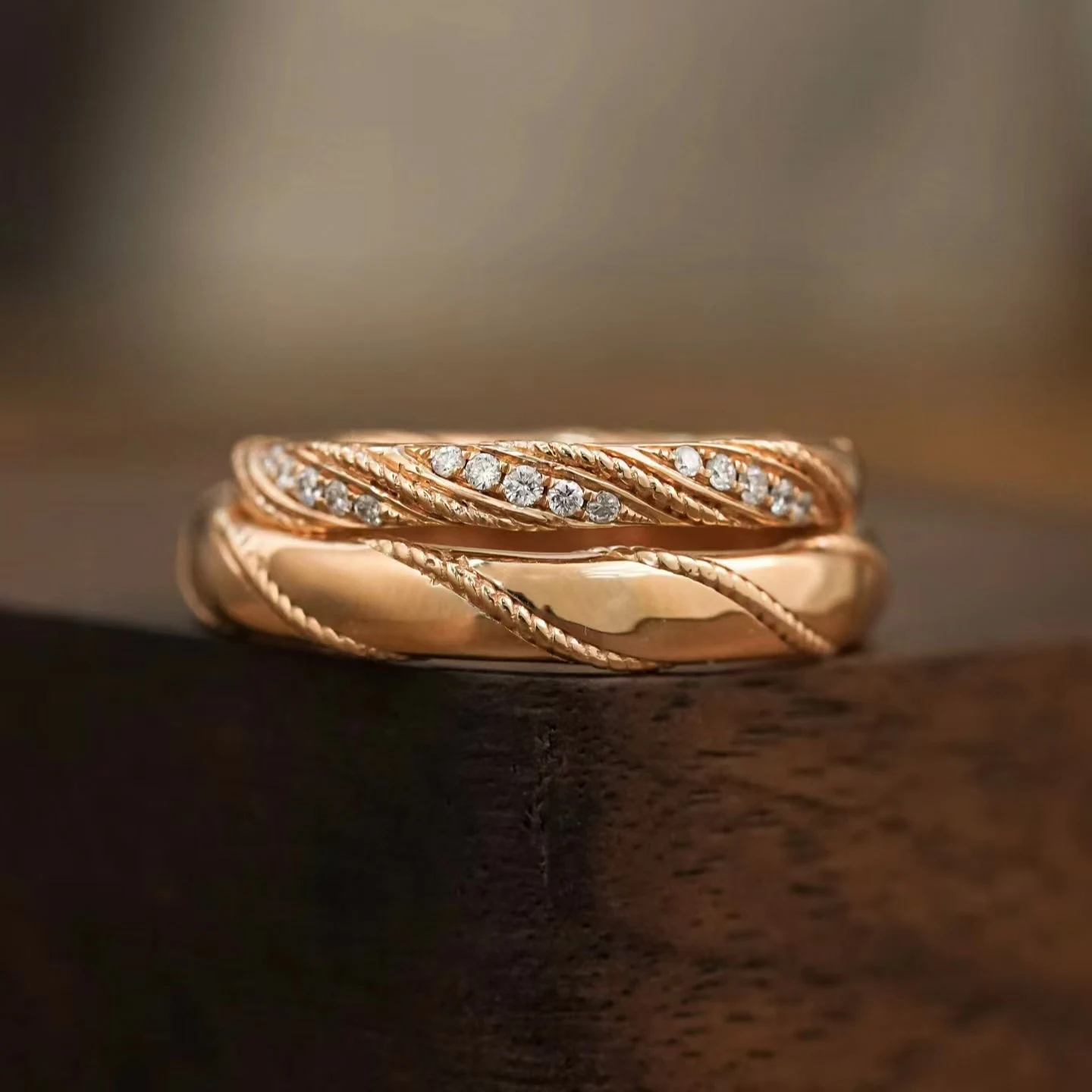 Handcrafted Custom Designer Woven Metal Texture Gold-Plated Silver Rings - Valentine & Wedding Couples Bands