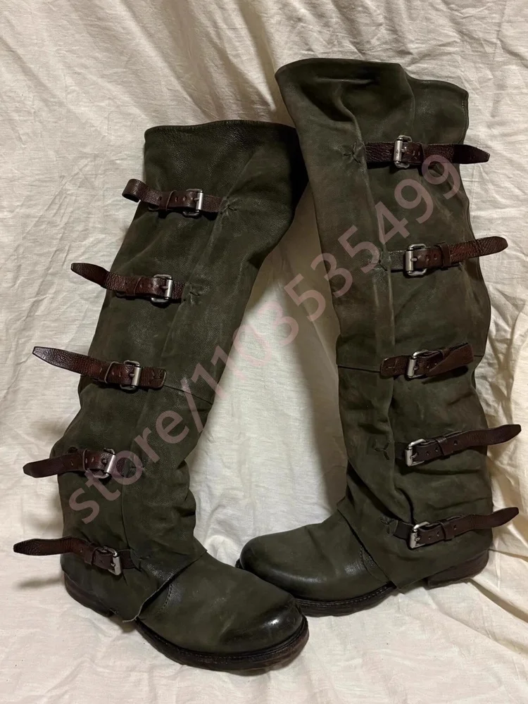 

Vintage Belt Buckle Round Toe Knight Boots 2025 Autumn Women's Thick Heel Western Cowboy Boots Stacked Street Casual Calf Boots