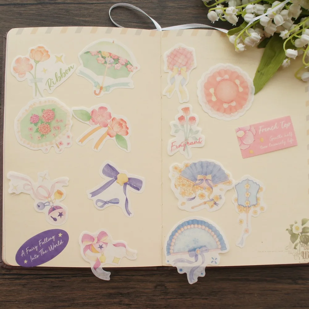 

38pcs MIX Size Girl's Fan Scarf Hair Accessories Bow Paper Sticker Scrapbooking DIY Gift Packing Label Decoration