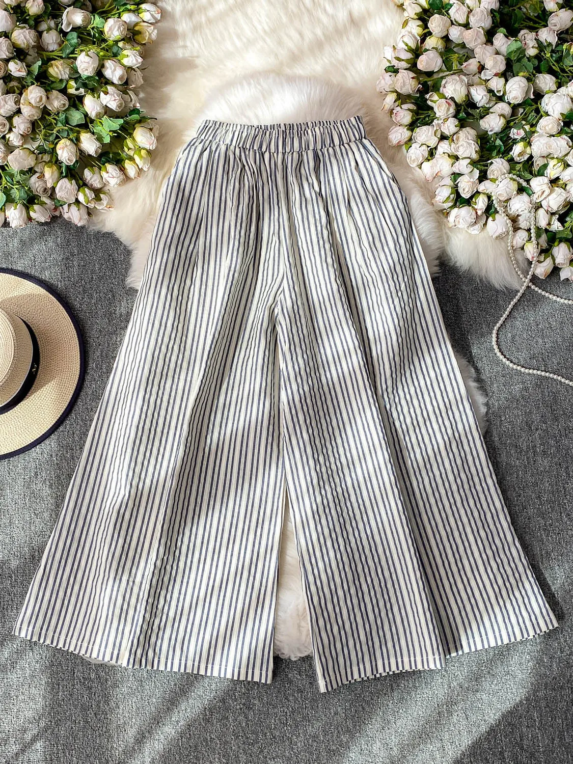 High Waist Striped Wide Leg Pants Women's Casual Loose Fit Korean Sle Straight Cut Nine Point Pants Summer 2025