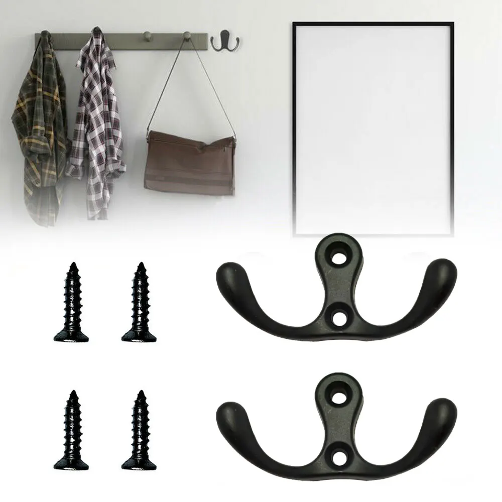 

2Pcs Hanger Hooks Handbag Bag Wall Door Bath Double Prong Coat Hook Hanger 2 Holes Antique Home Hardware with Screws Organizer