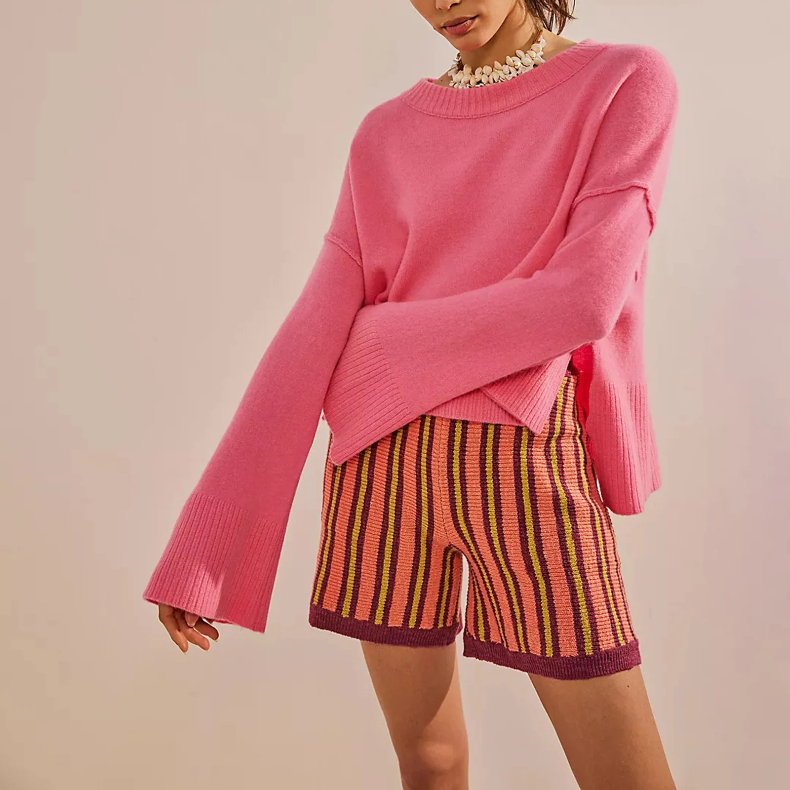 

Women Knit Sweaters Crop Tops Spring Autumn Clothes Long Flared Sleeve Solid Color Loose Pullover Female Clothing Streetwear