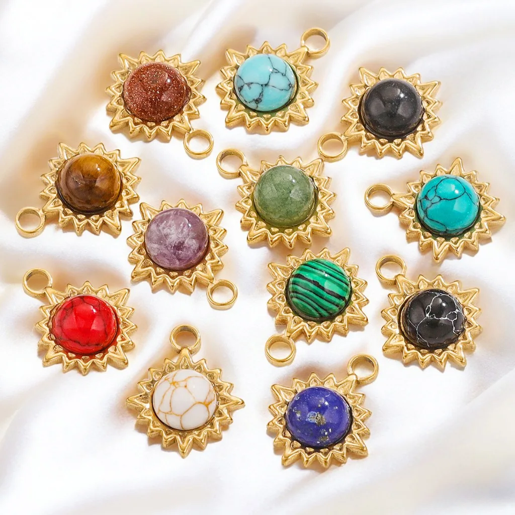 New 18.5*13mm 2pcs/bag Stainless Steel Sun Inlaid Natural Stone Luxury Pendant Charms DIY Necklace Earrings Jewelry Accessories