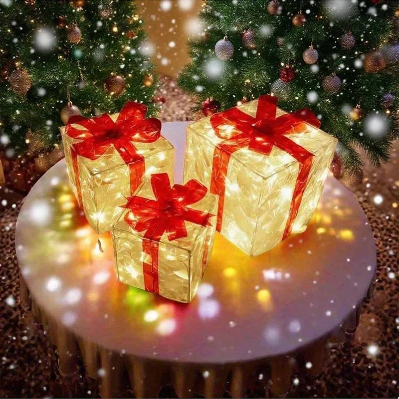 2025 pvc 3 peças caixa de presente brilhante de natal enfeites de decoração de casa de natal alimentado por bateria aa (não incluído)