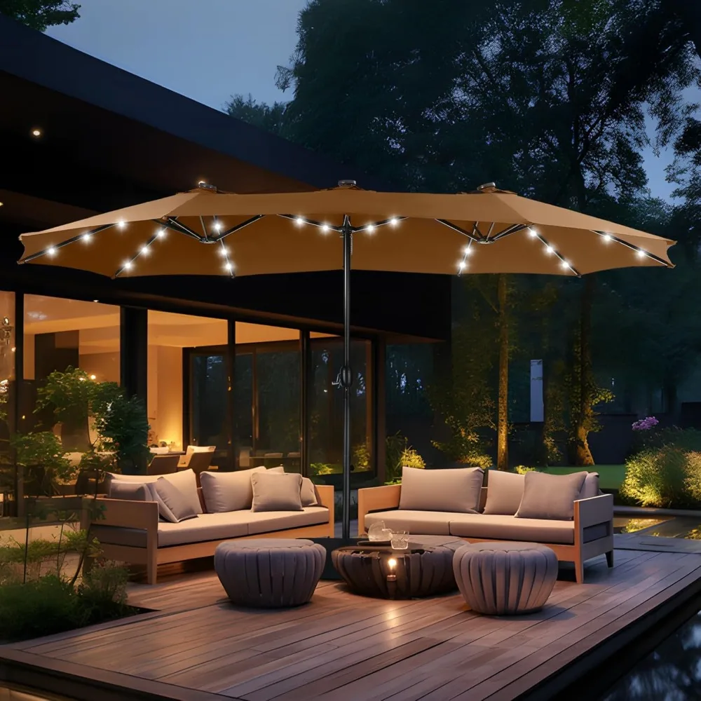 

15ft Double Sided Patio Umbrella, with Solar Lights, Outdoor Large Umbrellas with Crank Handle and 36 LED Lights