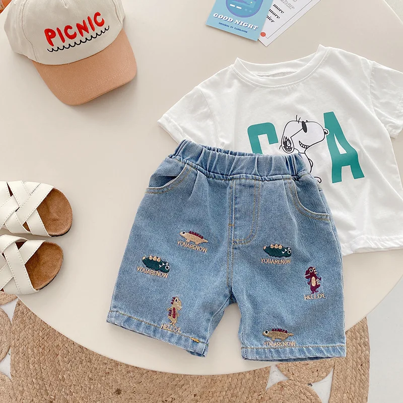 2024 Summer Kids shorts cartoon embroidery Boys sports knee length jeans Children denim Middle pants