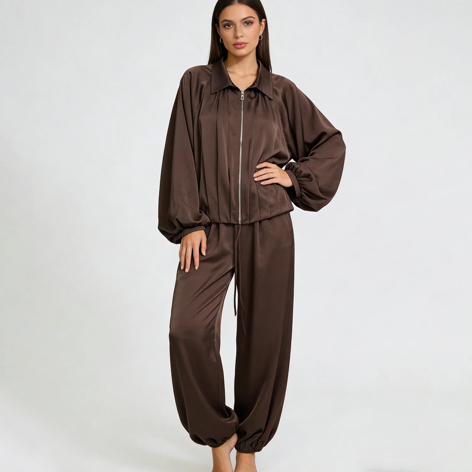 

LIMO 2026 NEW Chic Satin 2-Piece Set: Zip-Up Lantern Sleeve Top + Drawstring Jogger Pants, Elegant Casual Wear for Women