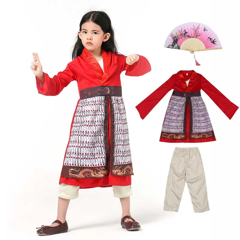 Girls Princess Hua Mulan Costume Hanfu Chinese Heroine Dress Up Halloween Party Outfit