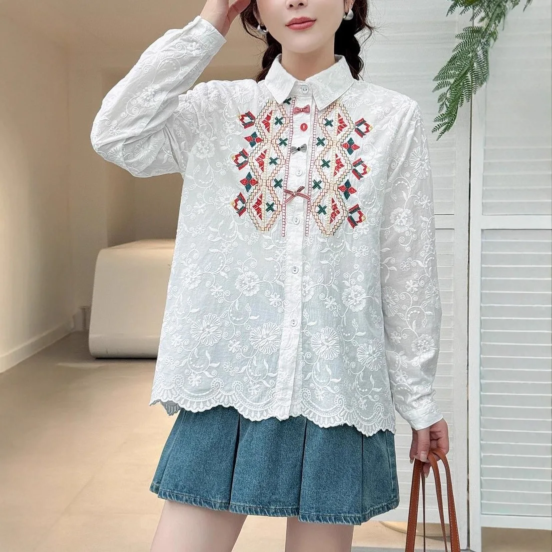 

Japanese Sweet Mori Girl Ethnic Style Embroidery Bow Cotton Shirts Women Autumn Turn Down Collar Long Sleeve Casual Blouse Tops