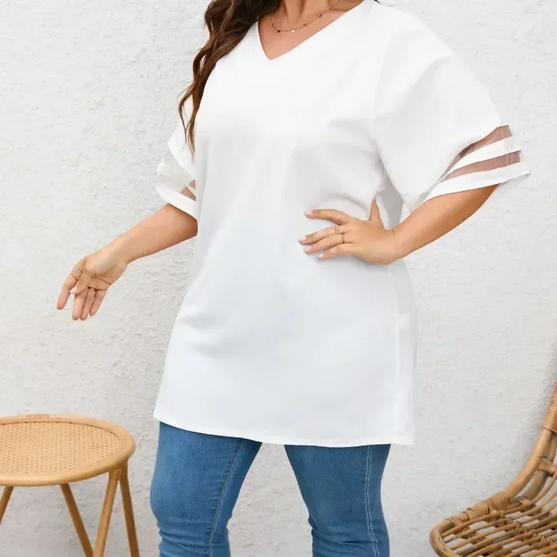 New Women Plus Size 1XL-8XL Loose V Neck Ladies Mesh Stitching 3/4 Sleeve Casual Holiday Blouse Female Blusas Tunic Shirts Tops