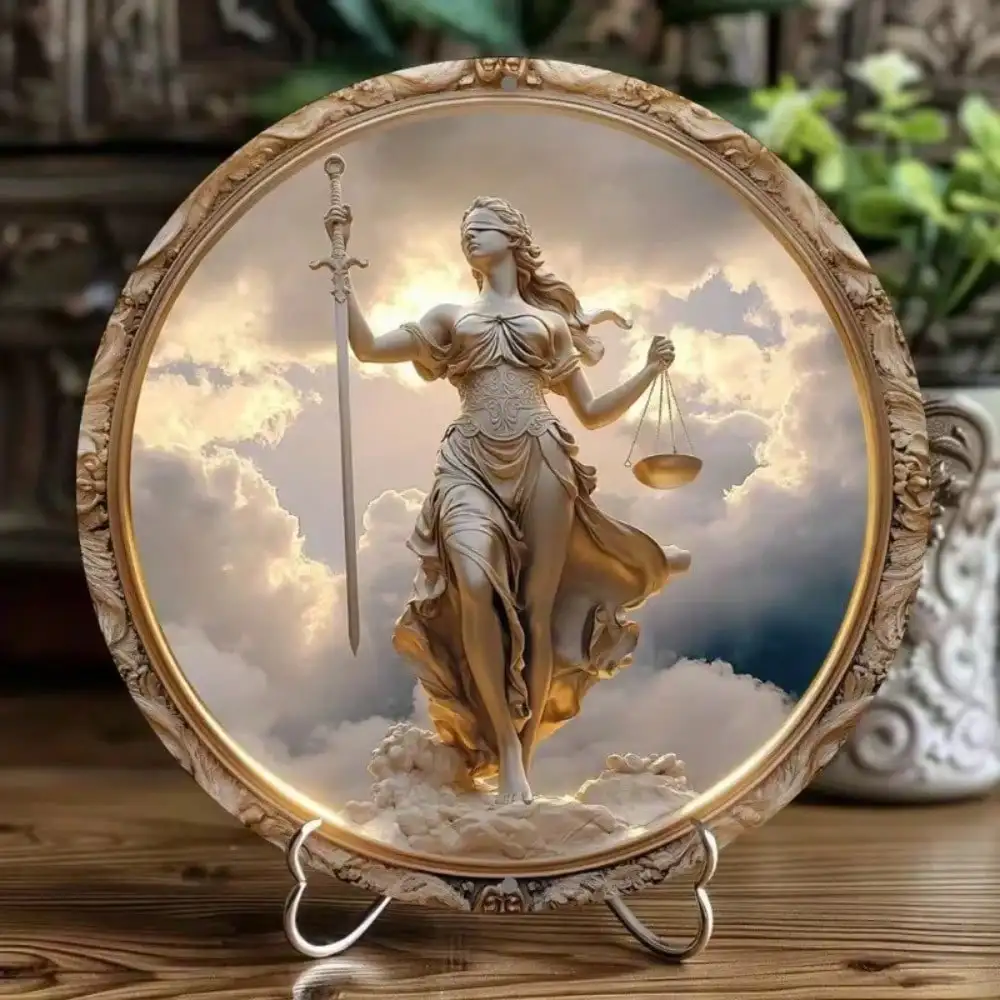 Lady Justice 2D Flat High Definition Metal Wall Art Classical Greek Goddess Statue with Blindfold Sword and Scales Divine Law En