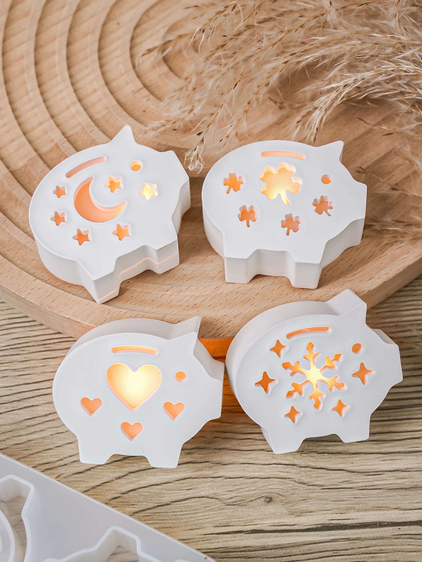 4-fach Glück Schwein Ornament Silikon Form Nette Ferkel Kerzenhalter Hohl Formen Harz Casting Form Neue Jahr Geschenke wohnkultur