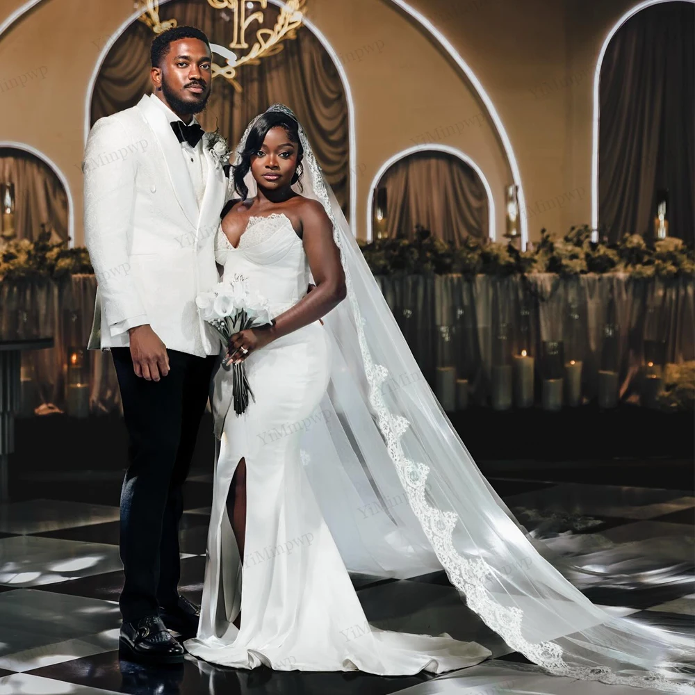 

Vintage African Wedding Dress For Bride Mermaid Side Split Strapless Long Bridal Dresses Satin Customized vestidos para mujer