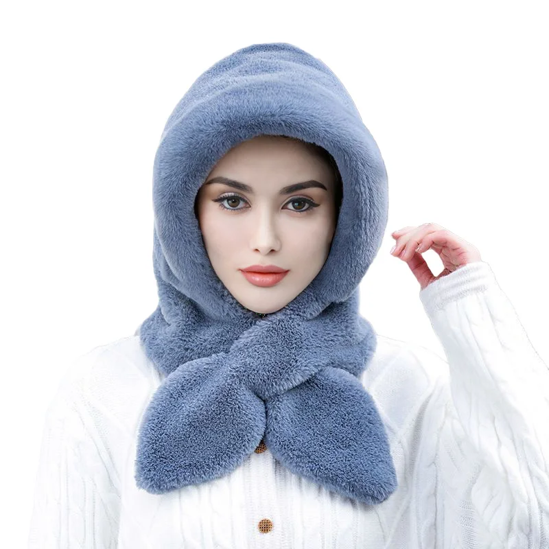 Women Winter Hood Beanies Thick Plush Scarf Hat Set Outdoor Ski Windproof Warm Headgear Solid Fluffy Fur Female Earmuffs Cap