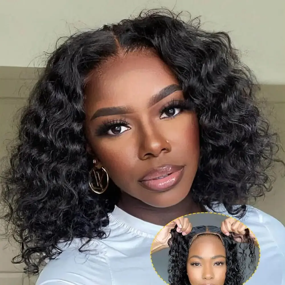 

Lace Cut 4x4 Lace Closure Brazilian Short Kinky Curly Bob Wig Natural Lace Front Cuticle Aligned Human Hair Wigs 8-12 Inch