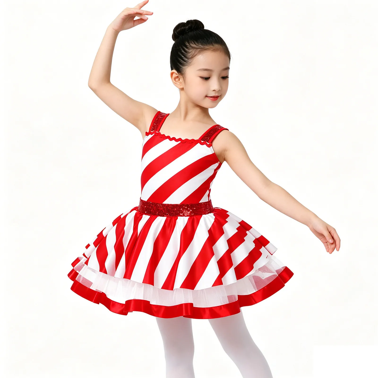 # Traje de baile de Navidad para niñas, 2T-16, bastón de caramelo, vestido de leotardo de Papá Noel, lentejuelas a rayas, patinaje sobre hielo, Ropa