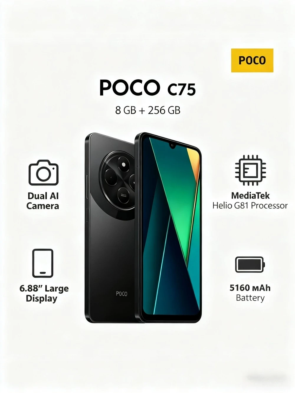 POCO C75 スマートフォン 6.88インチ 120Hzディスプレイ 50MP AIカメラ 5160mAhバッテリー MediaTek Helio G81 ウルトラモバイルフォン スマートフォン
