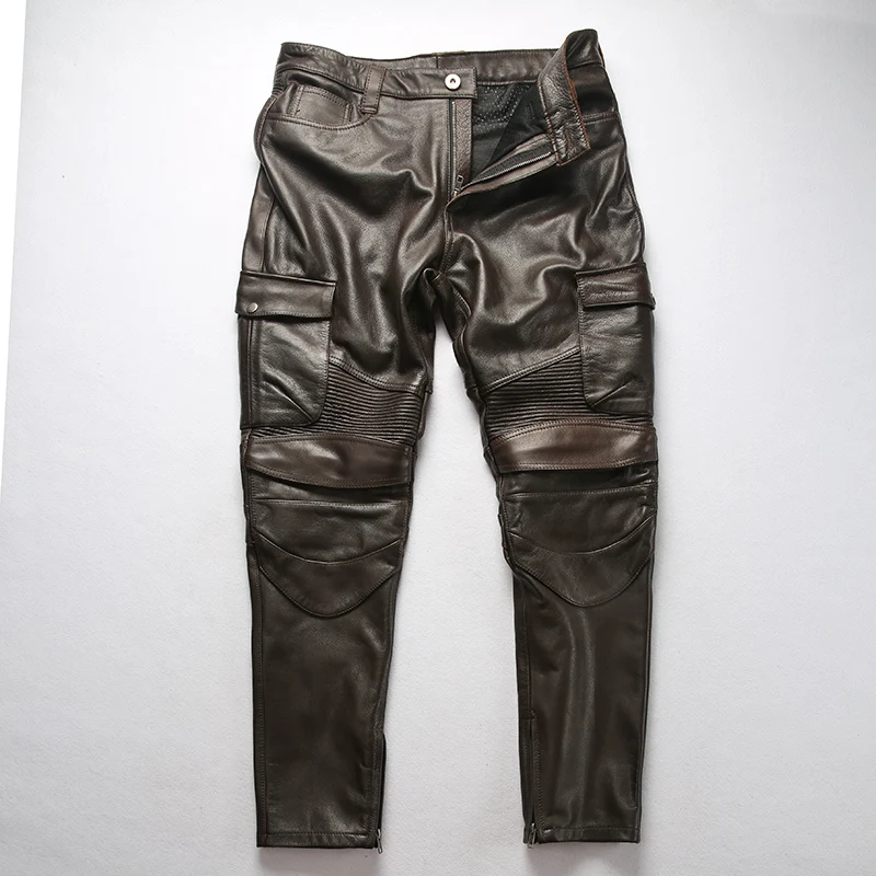 Men's real leather pantsuit do old long pants can be installed with protective gear multi pocket cowhide full grain cow leather