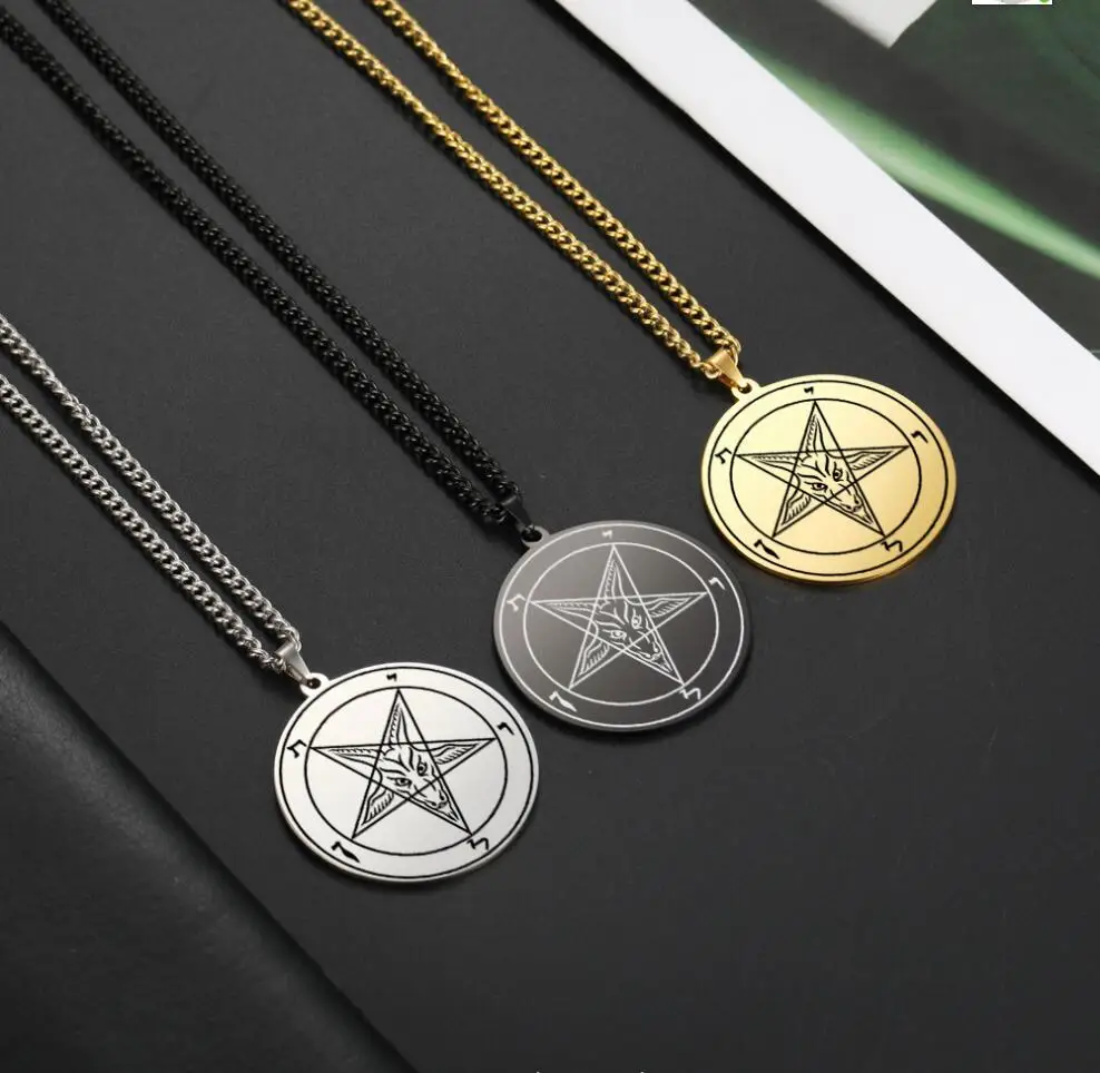 1PC Fashion Stainless Steel Necklace Solomon Satan Skull Goat Head Logo Round Pendant Five-pointed Star Hip Hop Necklace F1156