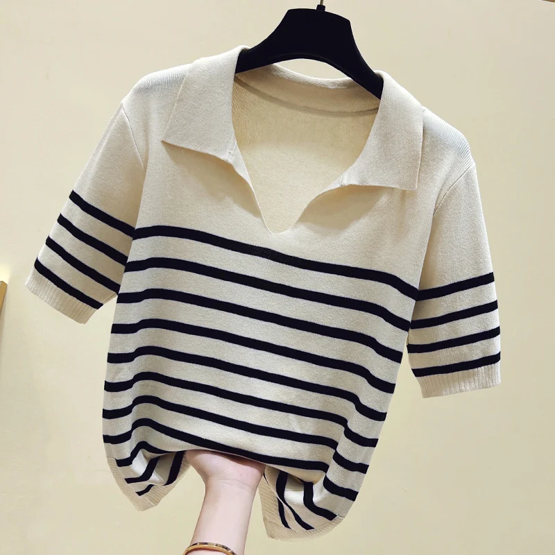 2023 Summer Casual Loose Knit Pullovers Tops Fake Two Pieces Short Sleeve Turn-down Collar Sweaters Knitwear Jumpers Oversized