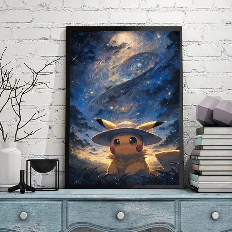 Van Gogh Sternen himmel Anime Figuren Tasche Monster Pikachu Aquarell Malerei Leinwand Poster druckt Wand kunst Bild Wohnzimmer