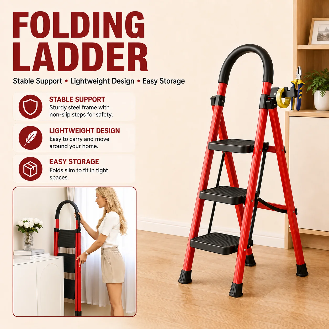 3 Step Folding Ladder with Handrail Heavy Duty Portable Step Stool Non Slip Wide Pedals Lightweight Compact Folding Design Easy Storage Household Ladder for Kitchen Home Office Garage Closet Bedroom Indoor Outdoor Use 500 lbs Capacity for Adults