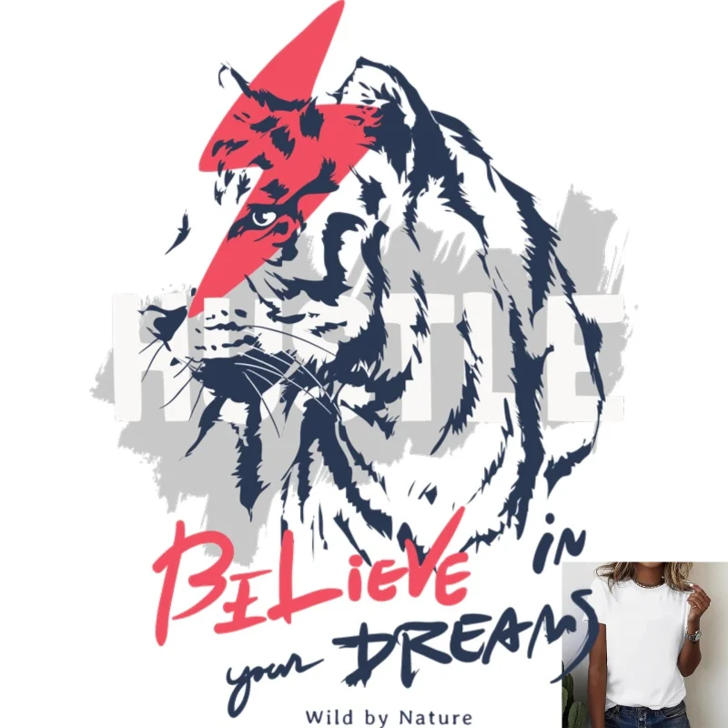 Fashion Lightning Tiger & Letter Print Heat - Transfer White Ink Iron - on Design, Suitable for T - shirts/Canvas Bags, Trendy