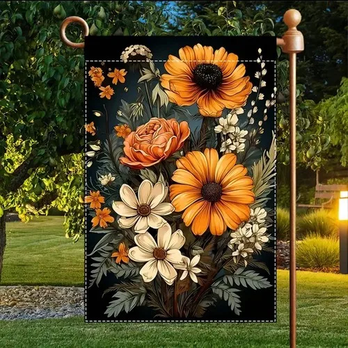 Floral Garden Flag with Orange and Cream Flowers, 12” x 18”, burlap polyester HHP AAL HHM WZZ yyi