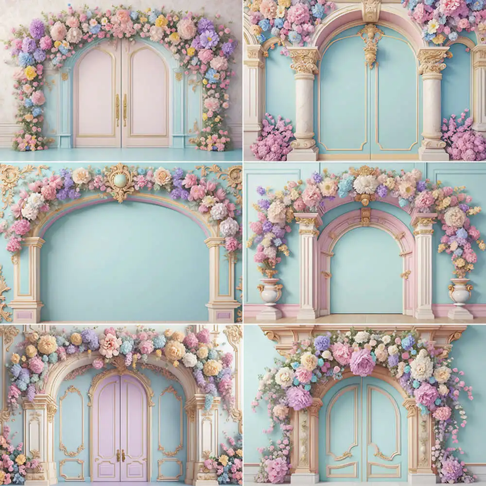 

MOON.QG Arch Flowers Girls Birthday Photo Studio Background Door Frame Portrait Photography Backdrop Custom Floral Back Drop