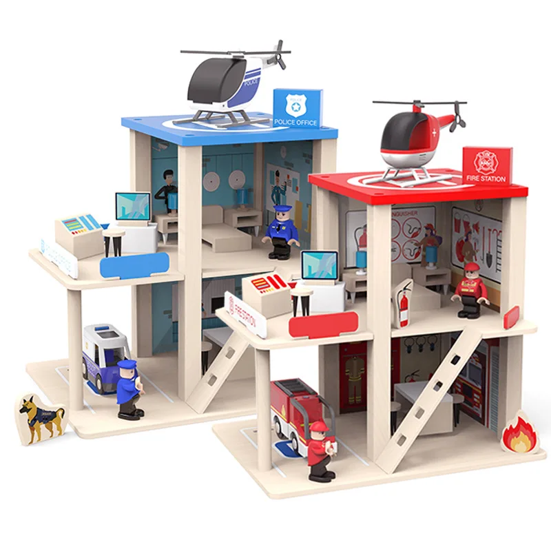 

Wooden Model DIY Role Play Police Office Fire Station Boys Fire Truck Construction Building Blocks Assembled House Children Toys