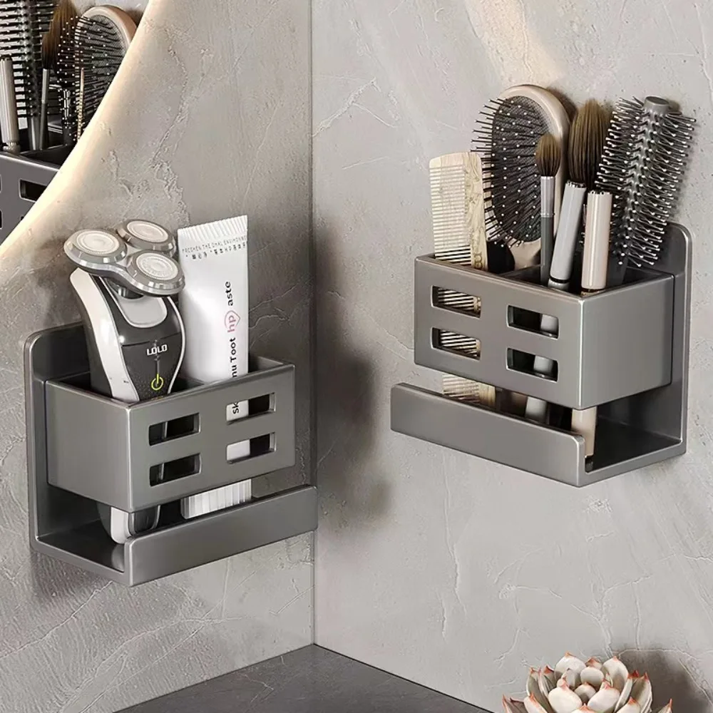 Wall-Mounted Storage Rack Toothbrush Holder Grey/White Toothbrush Storage Rack Breathable Hole Design Bathroom Glass Shelf