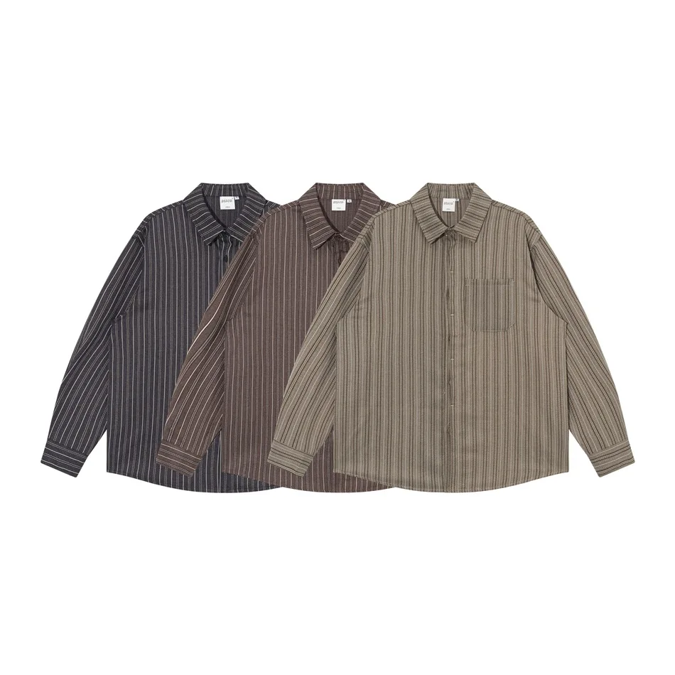 Spring Autumn Retro College Style Stripe Shirt Men Streetwear Fashion Loose Casual Long Sleeve Cargo Shirts Oversize Blouses