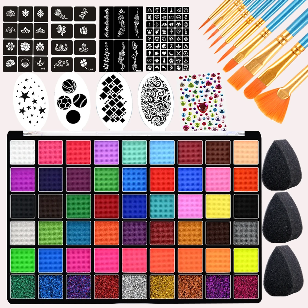 Kit profissional de pintura facial corporal de 54 cores para festa ﻿ Kit de pintura facial à base de água, paleta de pintura facial não tóxica solúvel em água alta