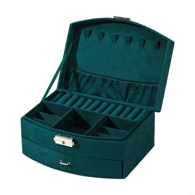 Jewelry Storage Box with Fabric-Covered Frame, Gathered Lid Pocket, Hanging Tabs, Ring Rolls, and Lower Drawer